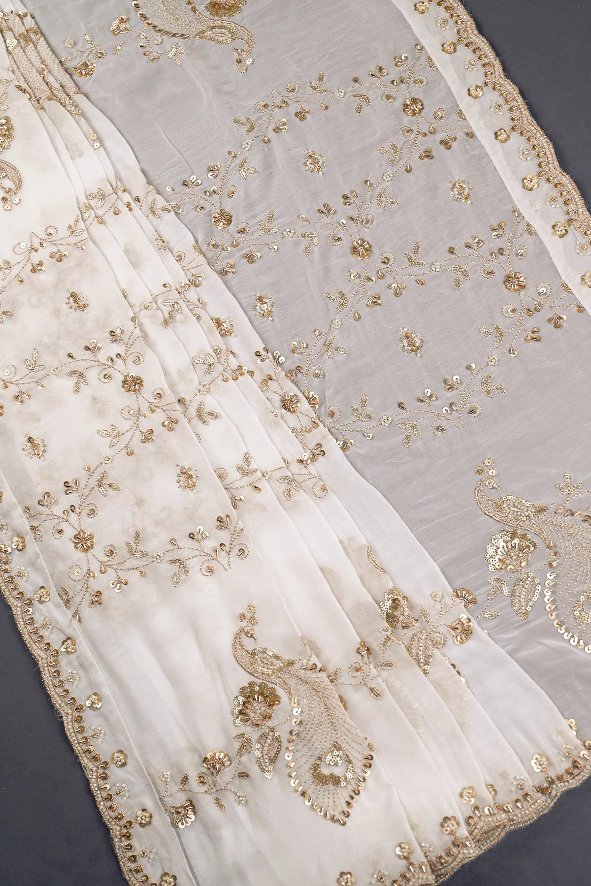 White Georgette Dupatta With All Over Bead, Sequins And Katdana Work- PG113
