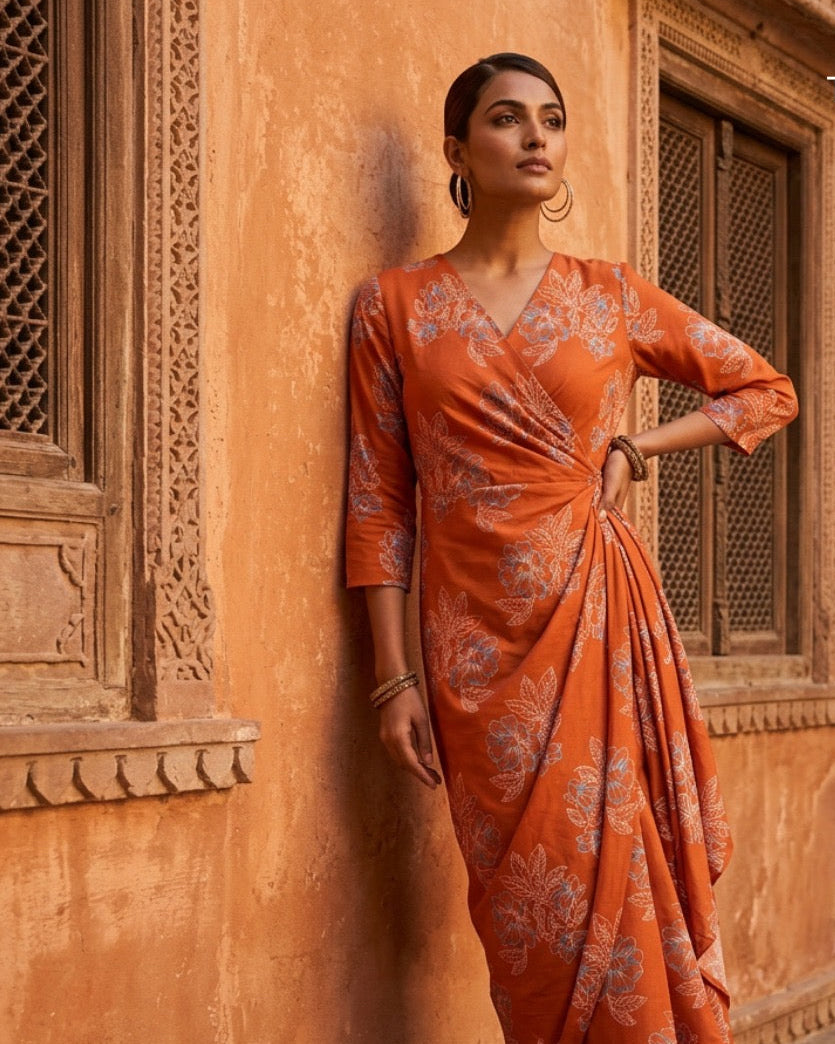 Orange Floral Print Cotton Fabric TU