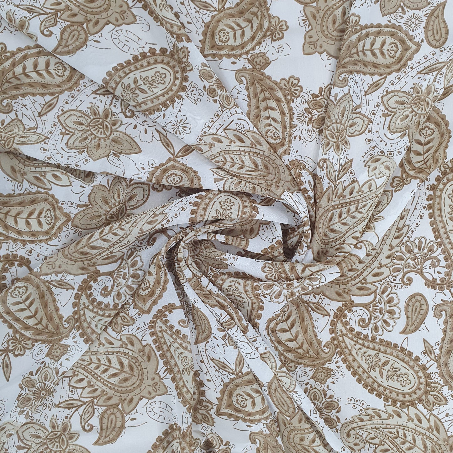 White Brown Paisley Print Georgette Fabric