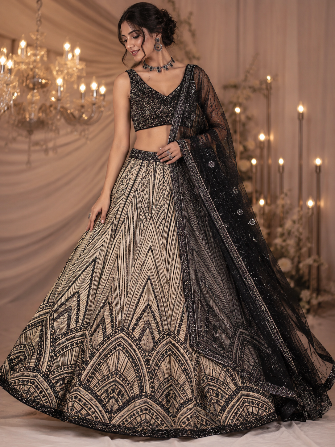 Black Net Fabric With All Over Sequins And Bead Work With One Side Scalloped Border PG-106