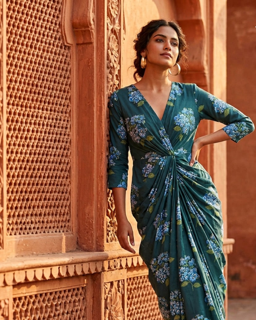 Bottle Green Floral Print Cotton