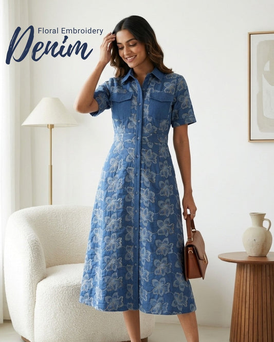 Blue Embroidered Denim Fabric