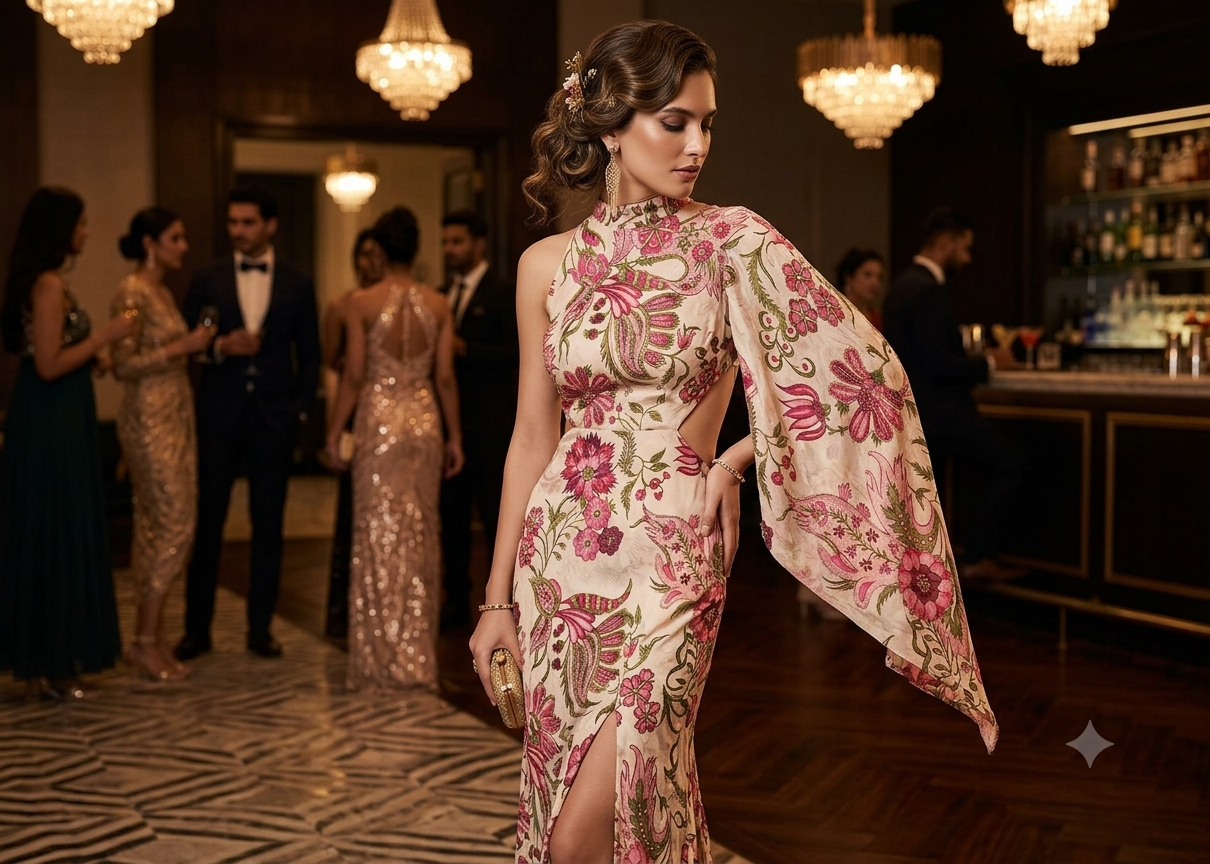 Cream Organza Fabric With All Over Floral Print, Bead And Katdana Work PG-140