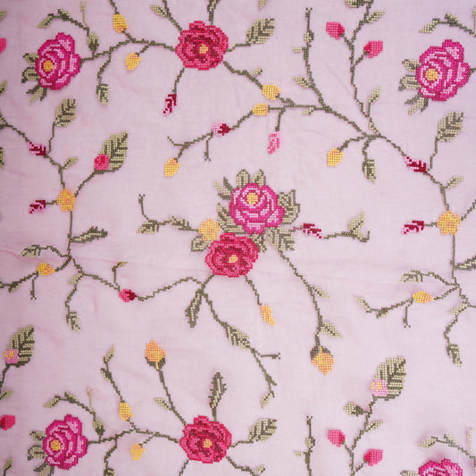 Pink French Knot Embroidery Organza Fabric AR- 1004