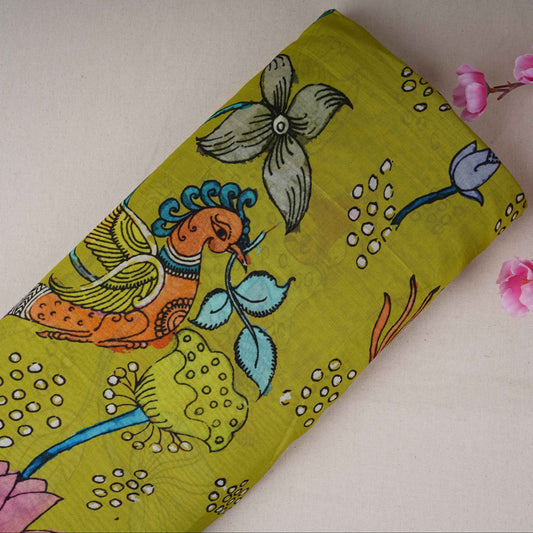 Mehendi Green Kalamkari Print Pure Chanderi Fabric AR- 1011