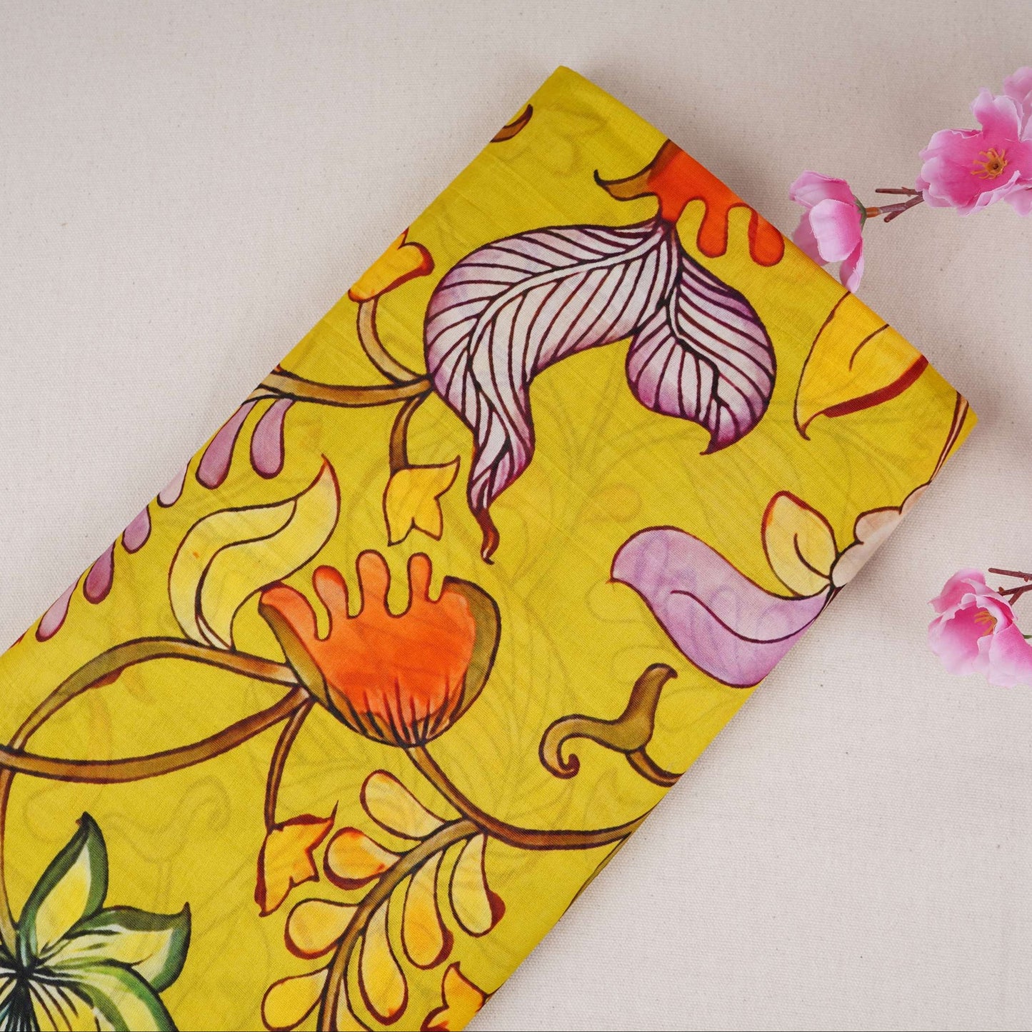 Lime Green Kalamkari Print Pure Chanderi Fabric AR-1014
