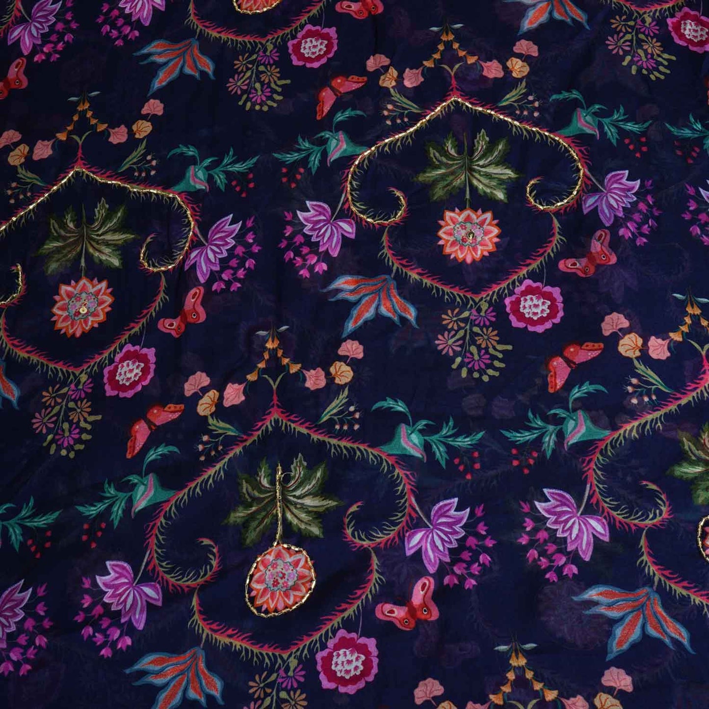 Navy Blue Cutdana Work Floral Print Organza Fabric