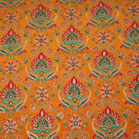 Mustard Yellow Position Print Zari Embroidery Crepe Fabric