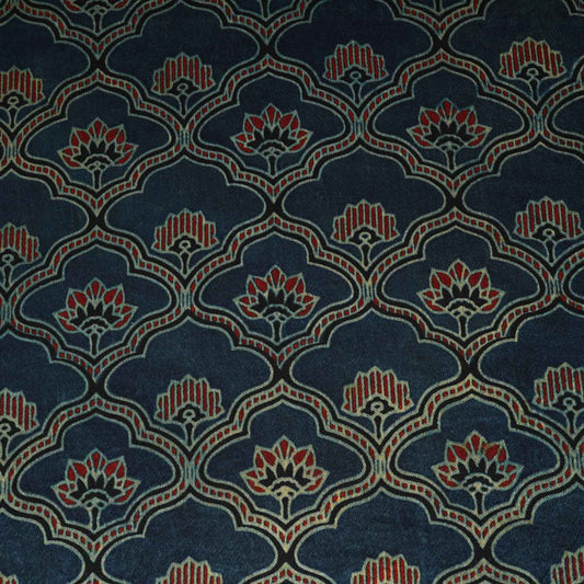 Teal Blue Floral Print Mashru Silk Fabric - Design 1