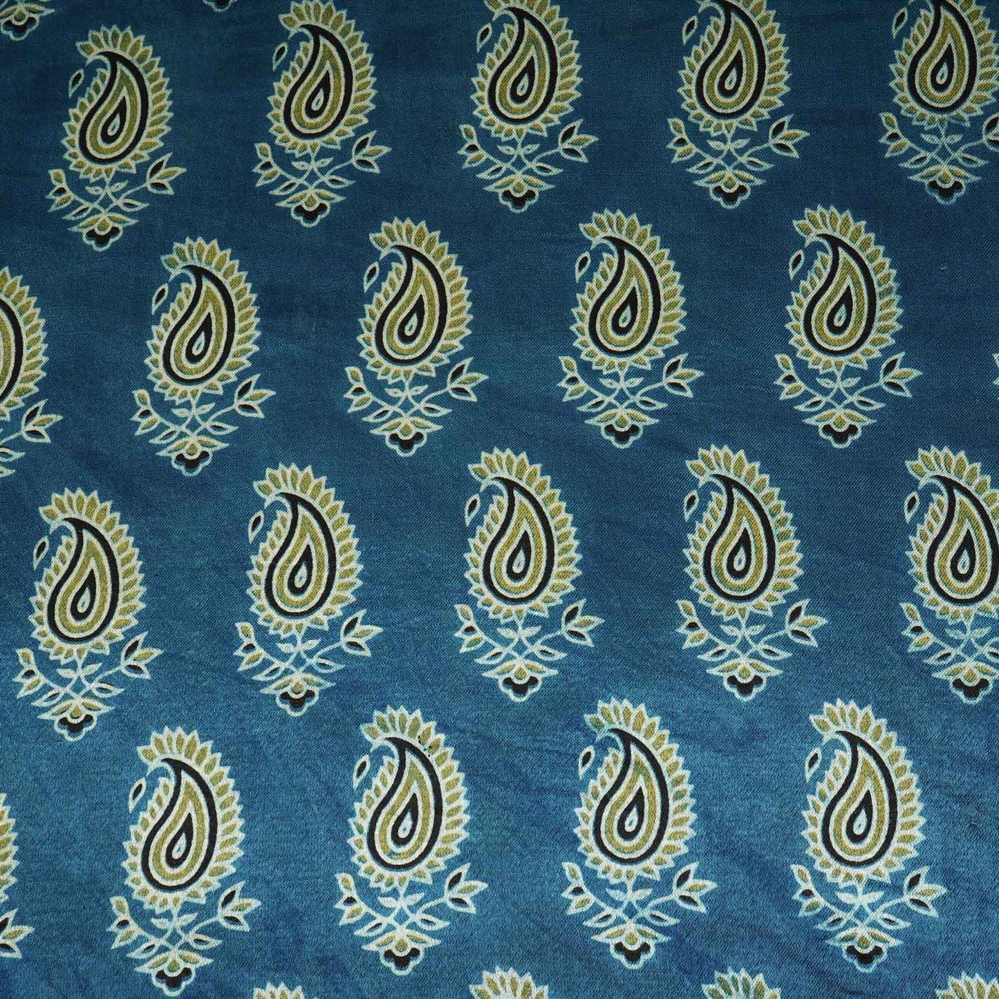 Teal Blue Floral Print Mashru Silk Fabric - Design 2