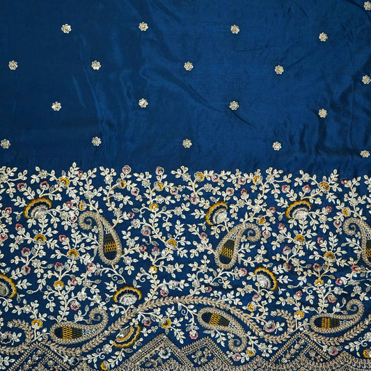 Navy Blue Thread Embroidery Chinon Fabric