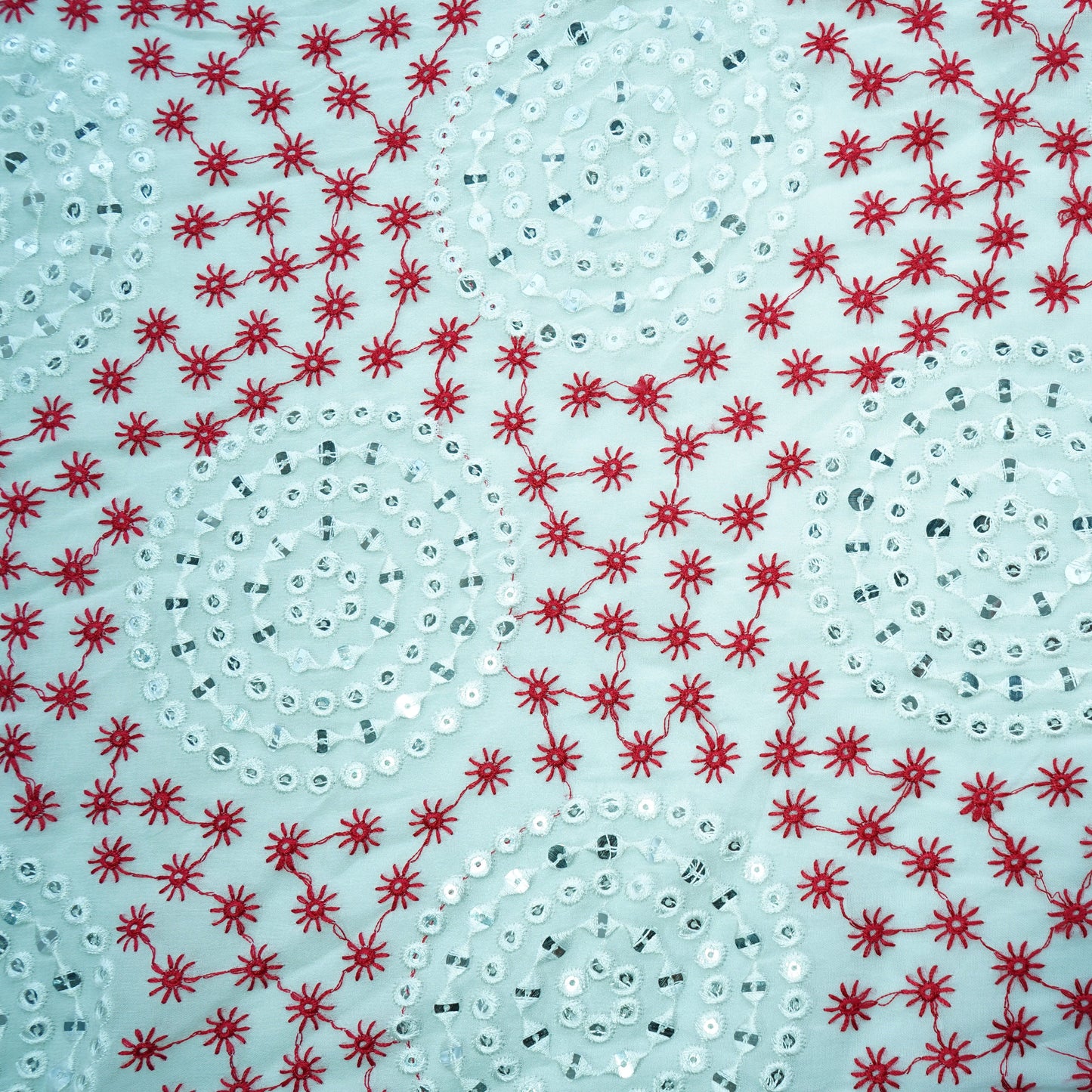 Off White Red Thread Embroidery Georgette Fabric