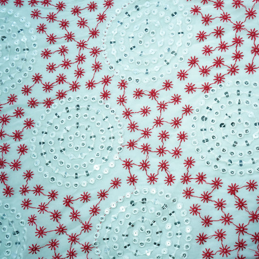 Off White Red Thread Embroidery Georgette Fabric