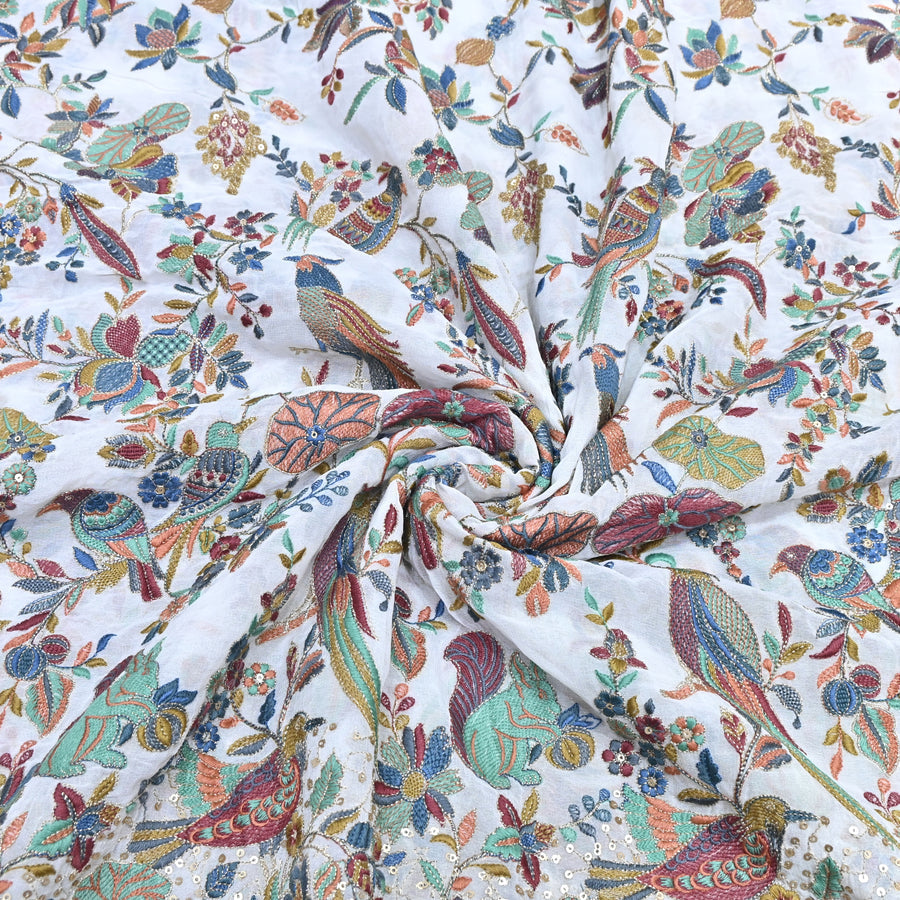 WHITE GEORGETTE COLORFUL BIRD & FLORAL EMBROIDERY FABRICS 54" – DESIGNER EMBROIDERED FABRIC