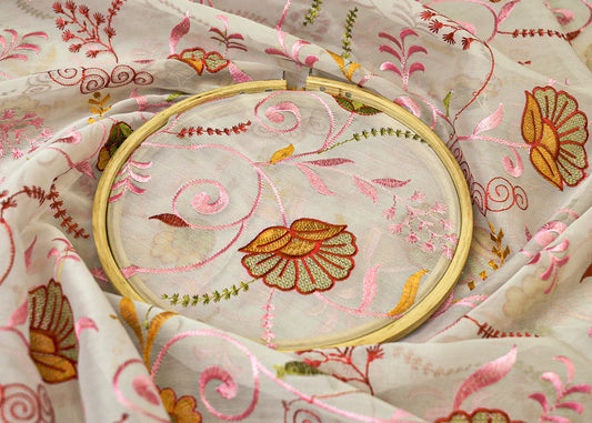 Light Grey Organza Fabric All Over Thread Work PG 15155