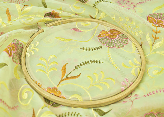 Pista Green Organza Fabric with All Over Thread Work PG 15154