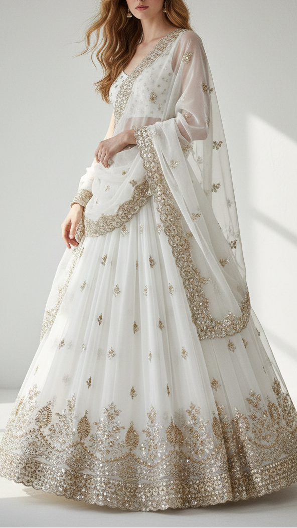 White Dyeable Georgette Fabric With All Over Buti Of Zari, Bead, Sequins And Katdana Work With One Side Border PG 21674
