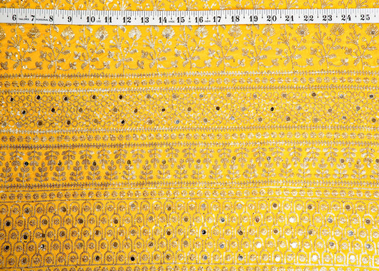 Yellow Silk Fabric with All Over Sequins and Mirror Work and One Side Heavy Border PG 16048
