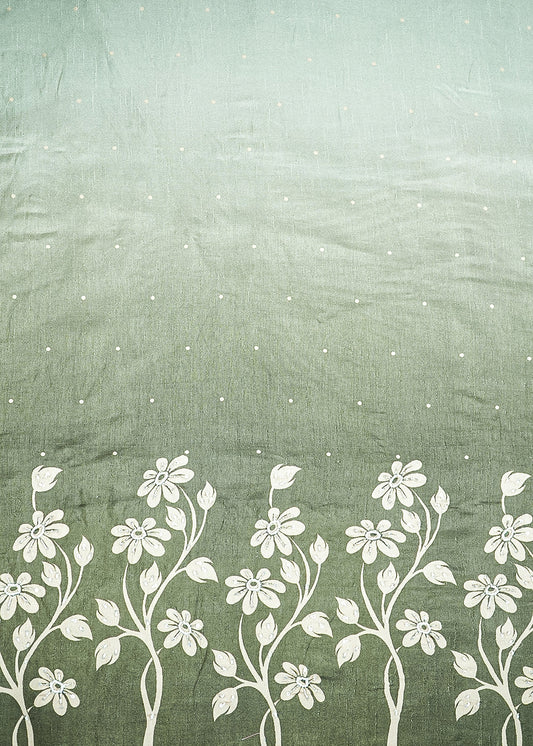 Olive Green Silk Fabric With All Over Ombre Shade And Floral Print With Bead And Sequins Work PG 19967