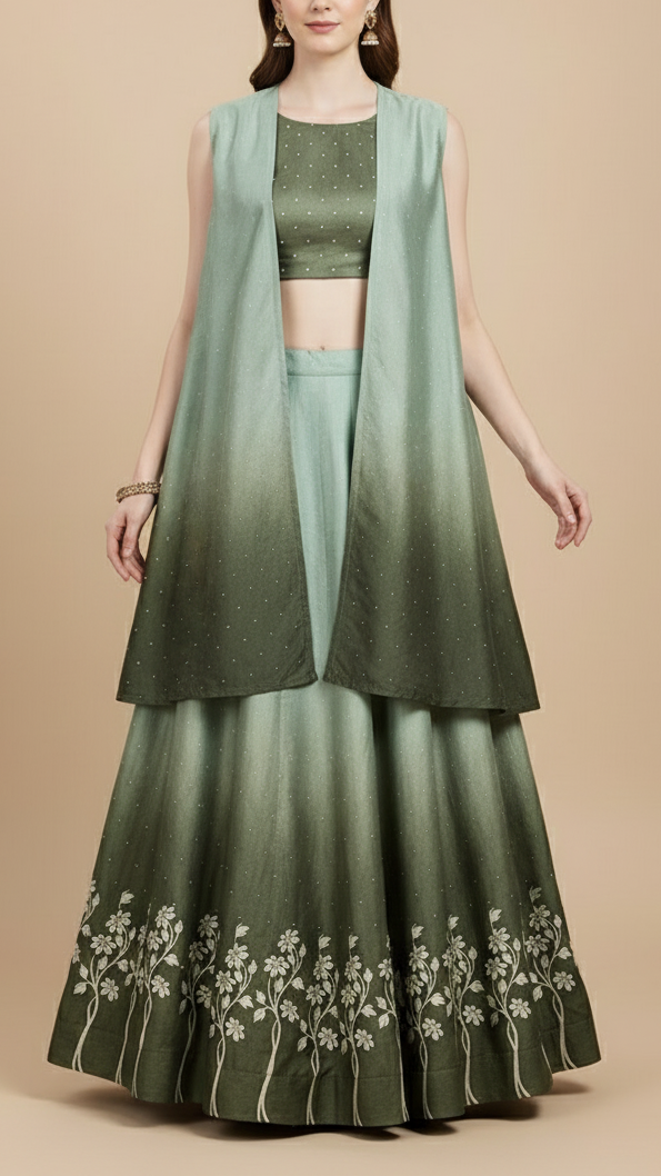 Olive Green Silk Fabric With All Over Ombre Shade And Floral Print With Bead And Sequins Work PG 19967