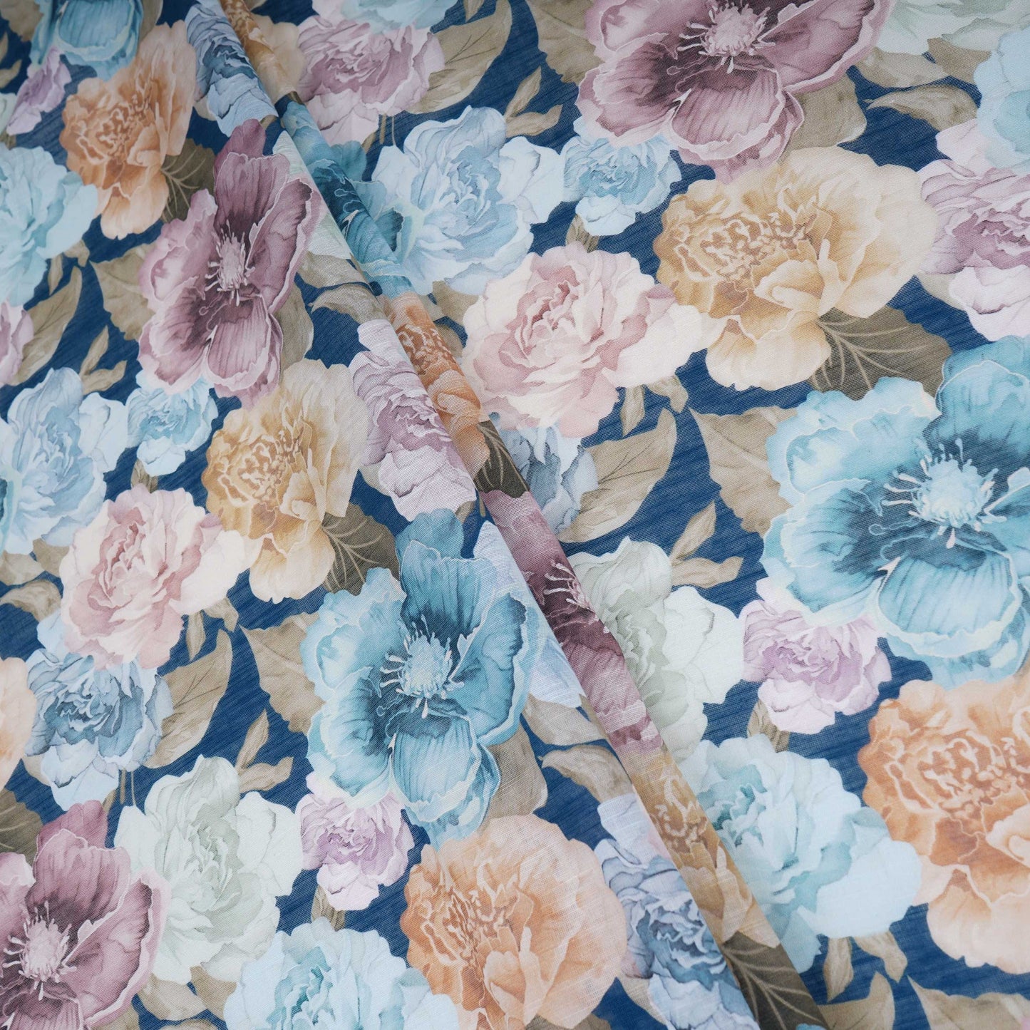 Navy Blue Floral Print Cotton Linen Fabric TU 30975