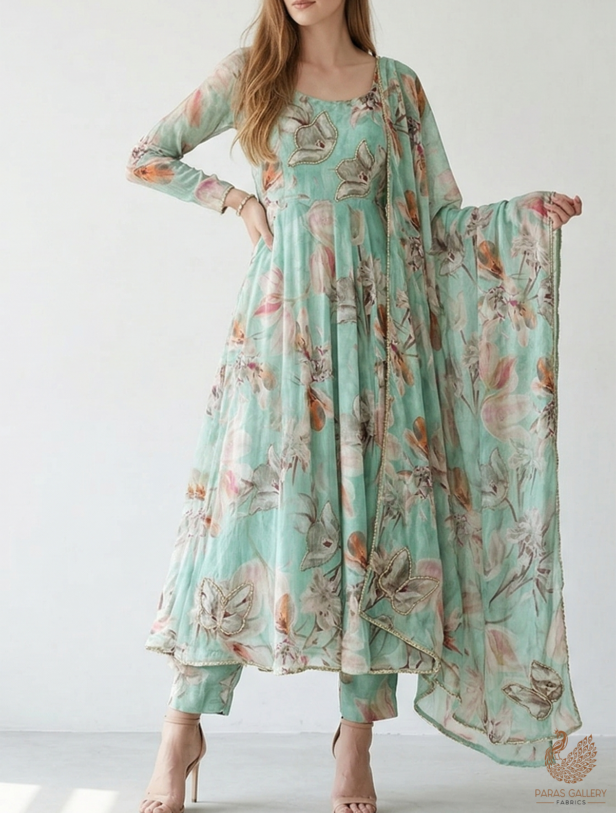 Mint Green Organza Fabric With All Over Floral Print, Bead And cutdana Work PG 22610