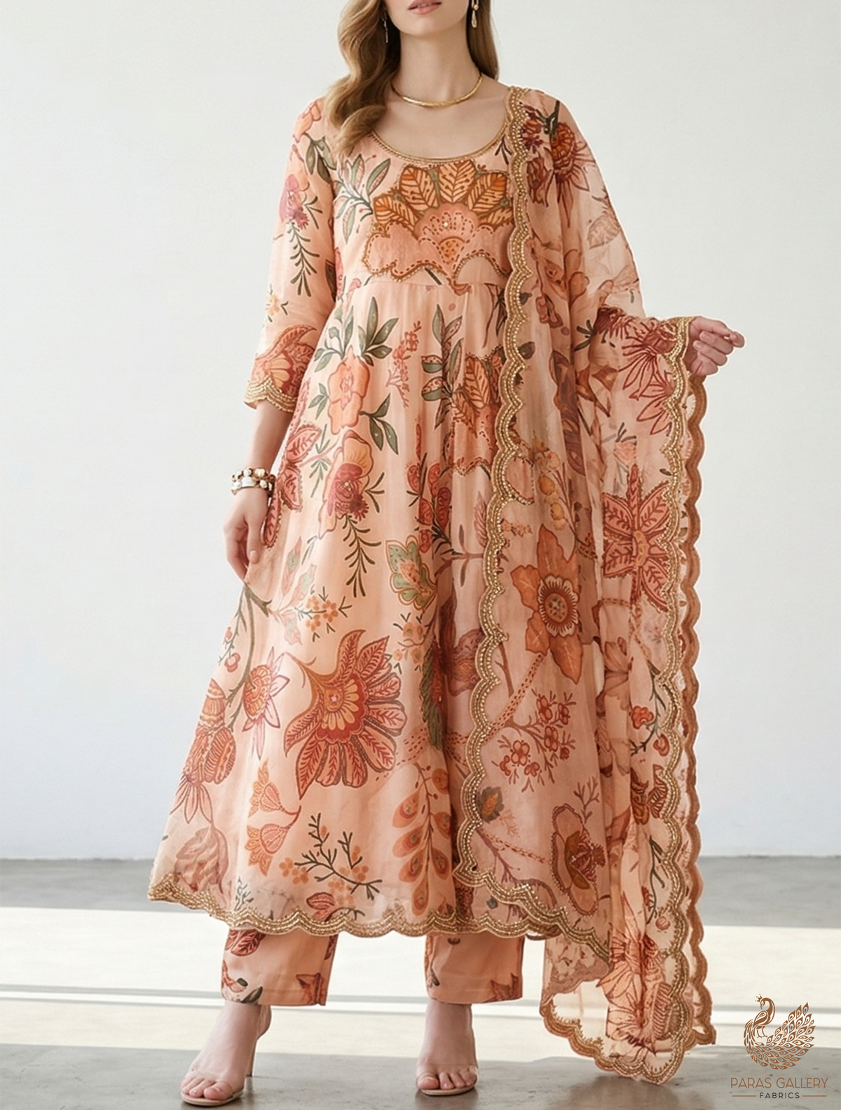 Peach Organza Fabric With All Over Floral Print, Bead And Cutdana Work PG 22608