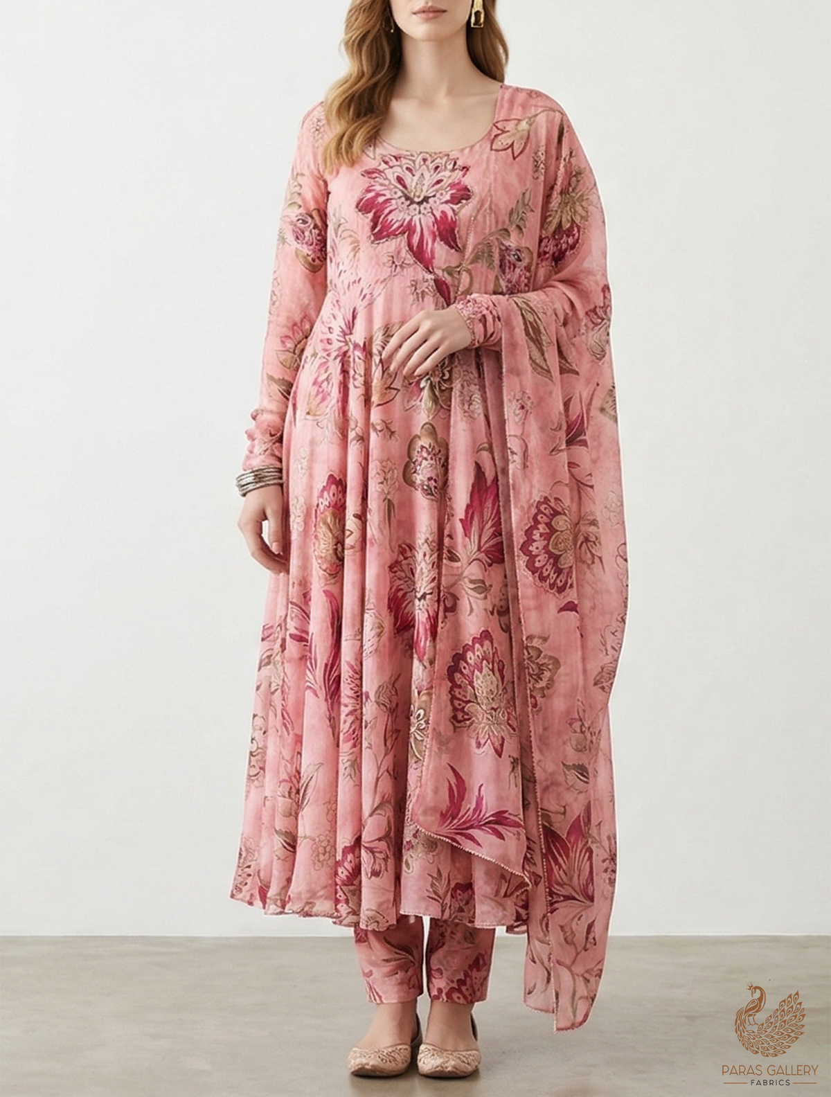 Light Pink Organza Fabric With All Over Floral Print, Bead And Cutdana Work 22609