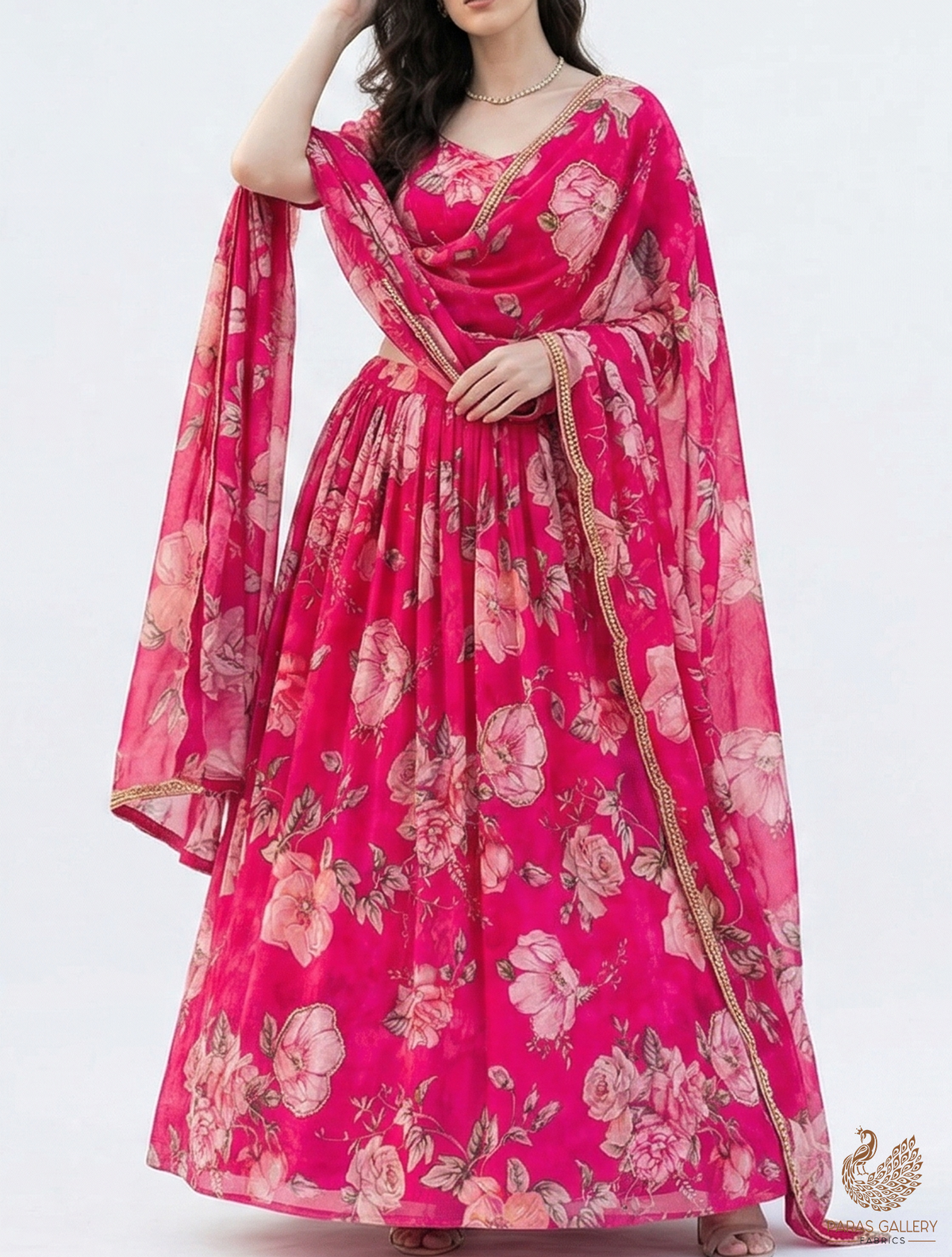 Pink Organza Fabric With All Over Floral Print, Bead And Katdana Work PG 22614