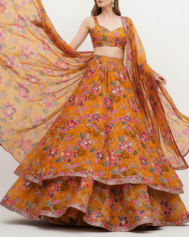 Bhumi Pednekar Inspired Edition | Mustard Embroidered Organza Unstitched Fabric PG 21455
