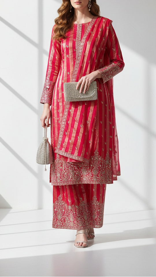 Rani Pink Organza Tissue Striped Fabric With Buti of Zari and Sequins with One Side Heavy Border Work PG 20903