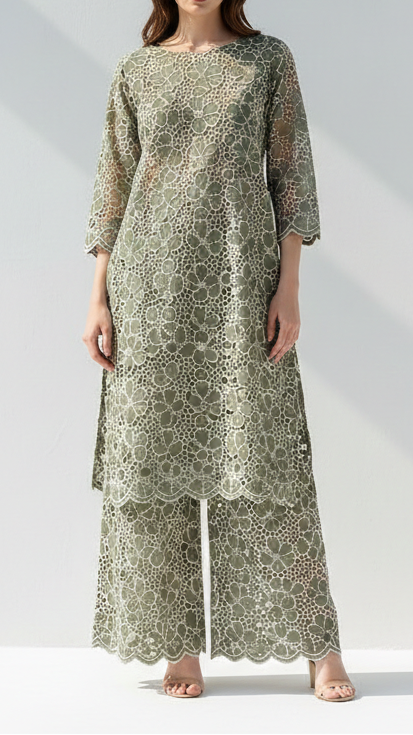 Olive Green Cotton Fabric With All Over Thread And Cutwork With Scalloped Edges PG 21887
