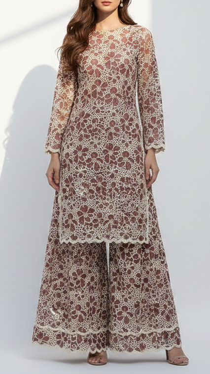 Brown Cotton Fabric With All Over Thread And Cutwork With Scalloped Edges PG21884
