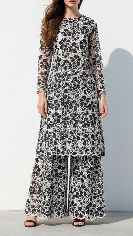 Black Cotton Fabric With All Over Thread And Cutwork With Scalloped Edges PG 21886