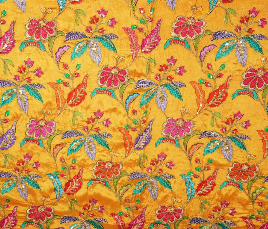 Elegant Mustard Floral Zari Crepe Fabric