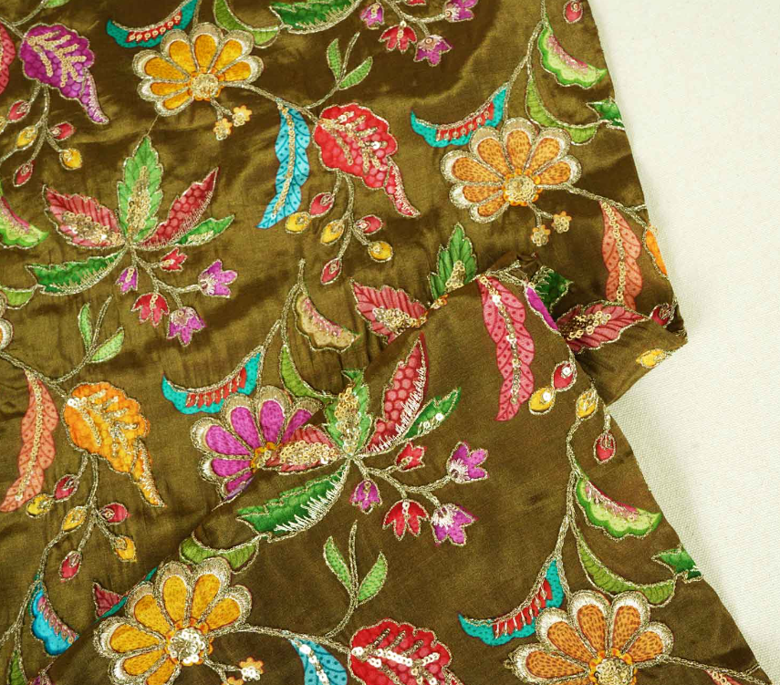 Parrot Green Position Print Zari Embroidery Crepe Fabric NF-10006