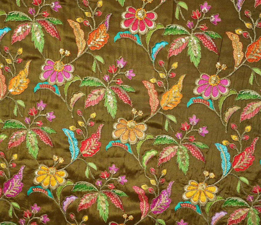 Mehndi Green Floral Position Zari Embroidery Crepe Fabric VC-10004