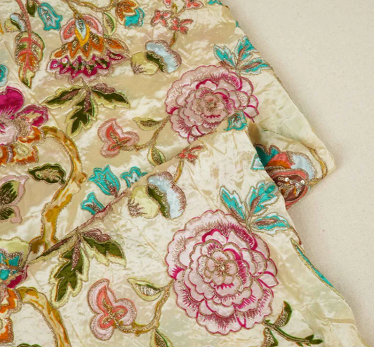 Cream Position Print Zari Embroidery Crepe Fabric NF-10009