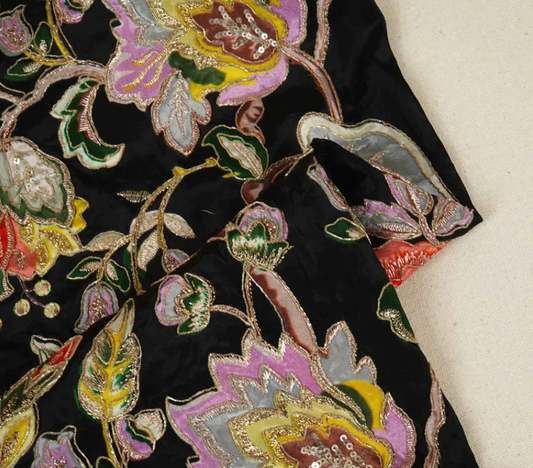 Black Position Print Zari Embroidery Crepe Fabric NF-20001