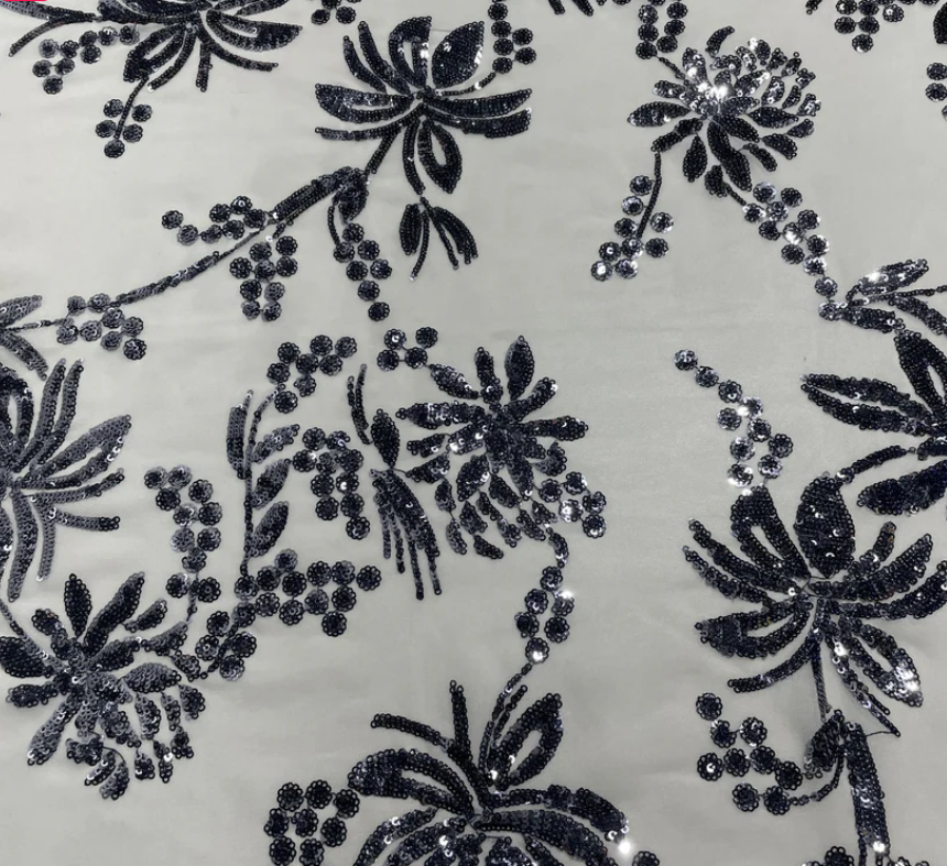 White & Black Floral Sequence Embroidery Georgette Fabric