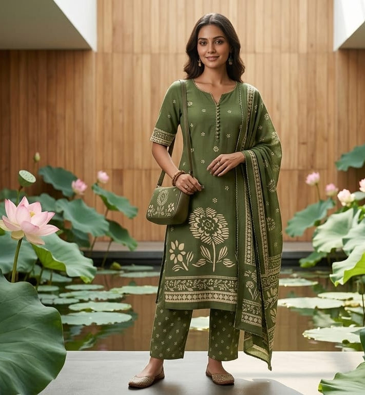 Green Floral Printed Mul Cotton 3PC Suit.