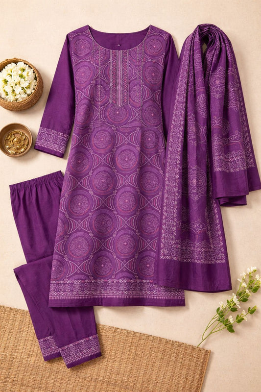 Purple Mul Cotton Bandhani 3PC Unstitched Suit Set | RA125