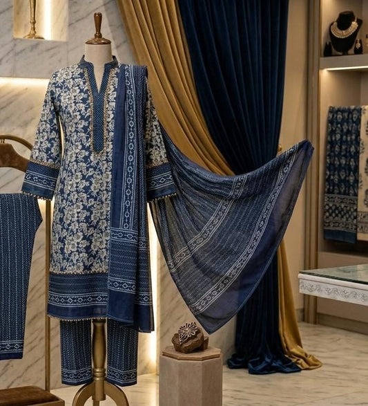 Indigo Blue & White Floral Printed 3PC Cotton Suit | RA127