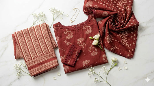 Mahroon Floral & Striped Mul Cotton 3PC Suit