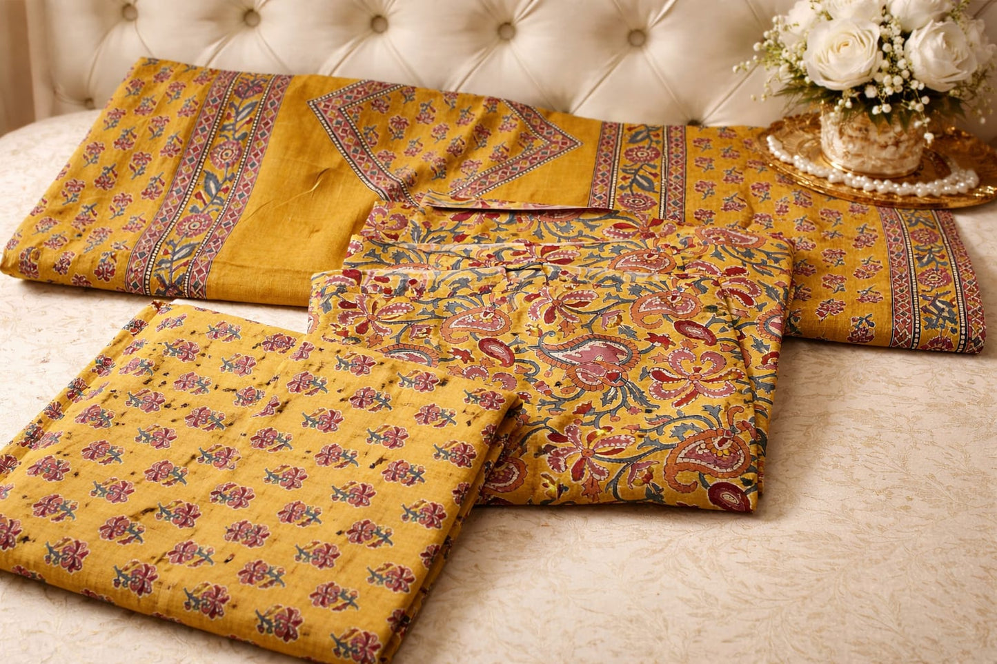 Mustard Yellow Printed Mul Cotton 3PC Suit
