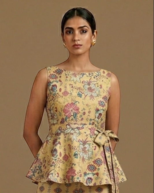 Yellow Floral & Abstract Print Cotton Linen Fabric TU 142