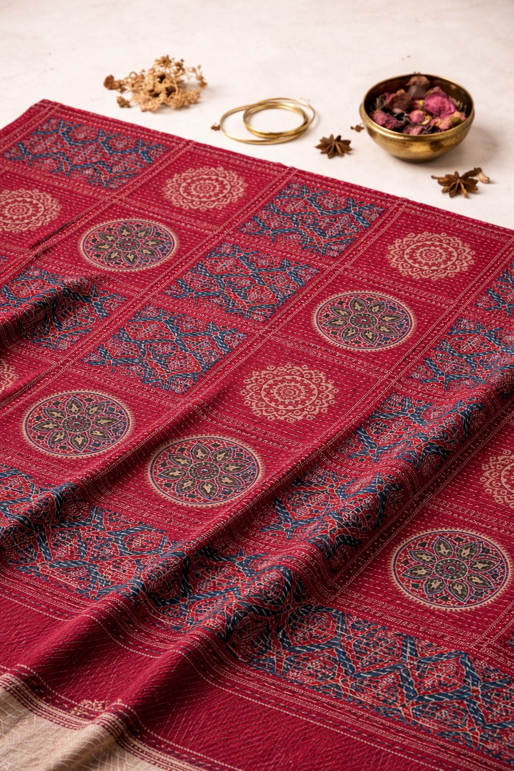 Red Floral Kantha Print Cotton Fabric