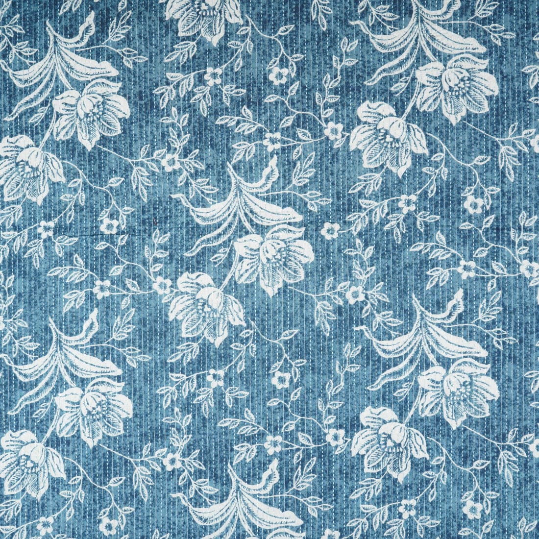 Sky Blue with White Floral Kantha Print Cotton Fabric