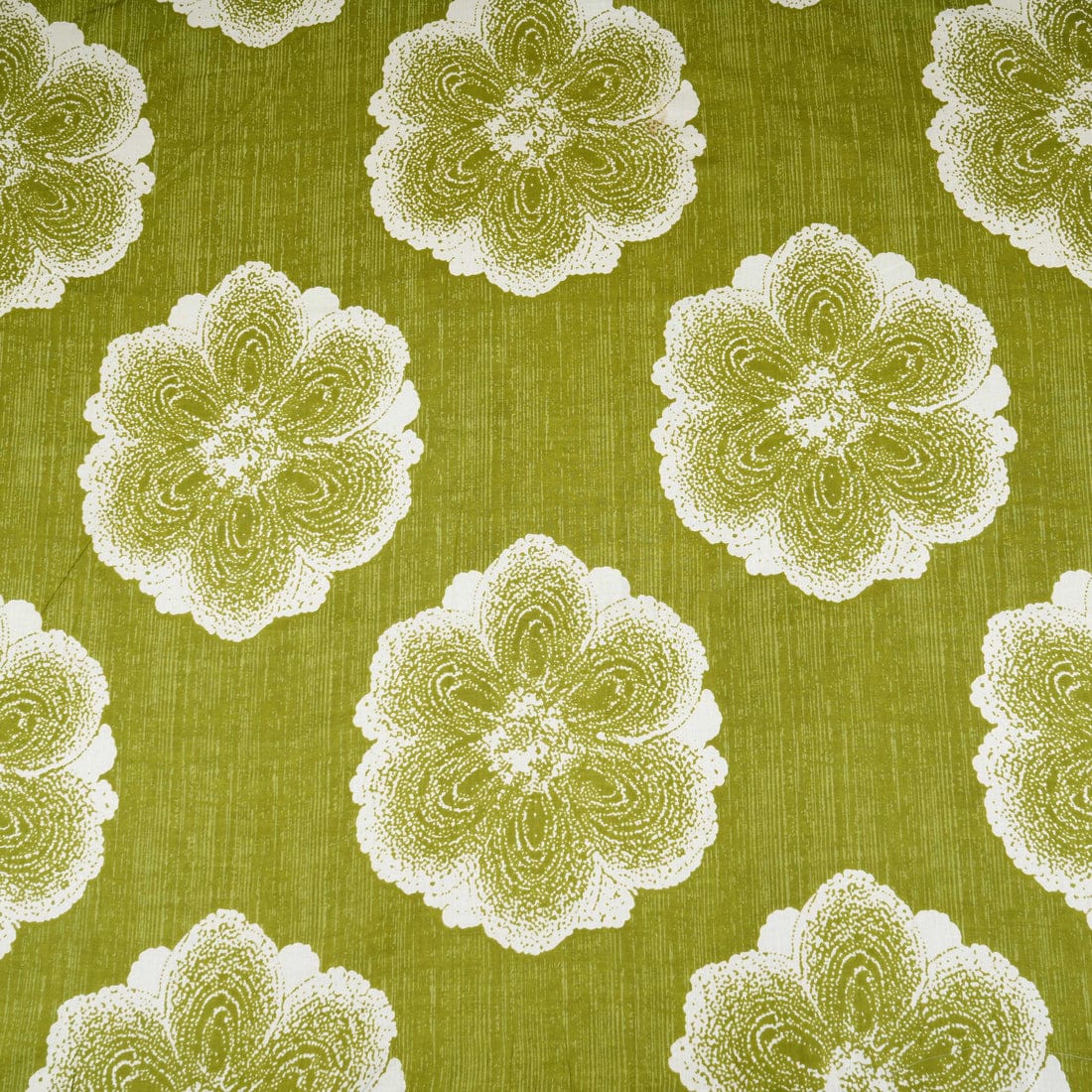 Olive Green & White Floral Applique Print Cotton Fabric
