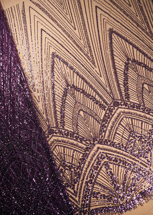 Wine Net Fabric With All Over Sequins And Bead Work With One Side Scalloped Border PG-109